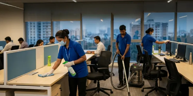V3 Care cleaning team using vacuum equipment and sanitising desks in a Bengaluru corporate office at night