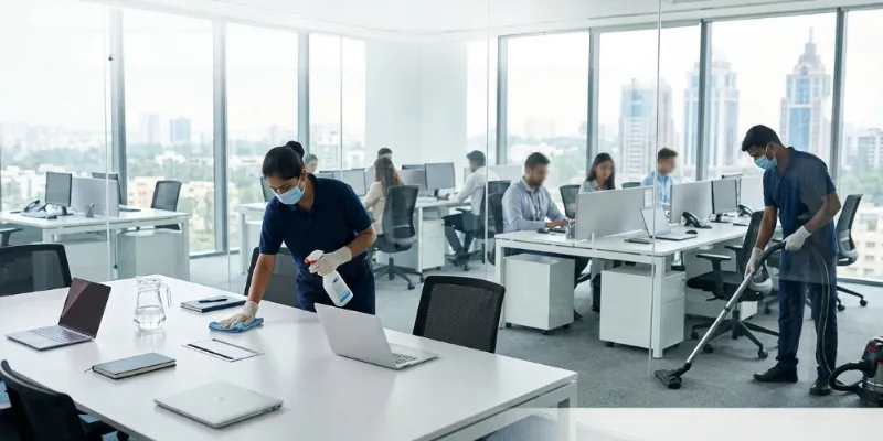 Professional cleaning staff sanitising desks and vacuuming the carpet in a modern Bengaluru corporate office