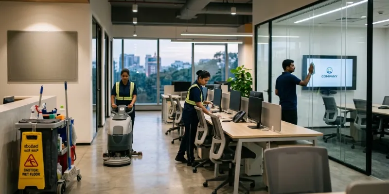 V3 Care cleaning staff scrubbing a floor polisher and sanitising workstations in a modern Bengaluru office