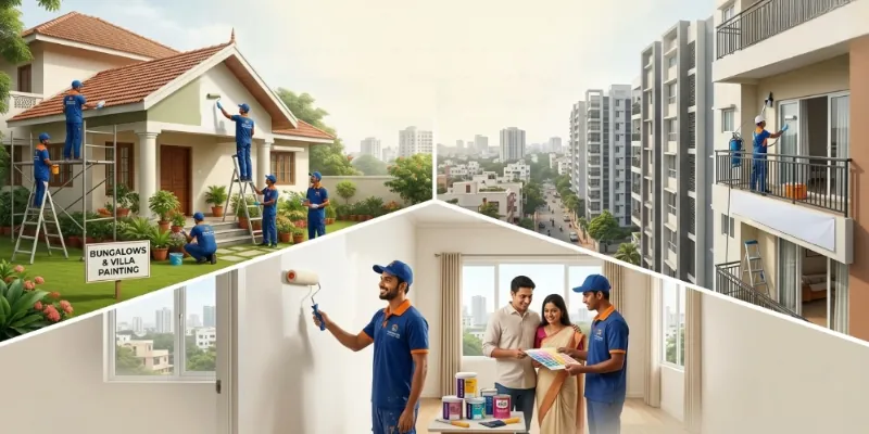Collage of V3 Care painters working on villa exteriors, apartment balconies, and interior walls, with a couple selecting paint colours