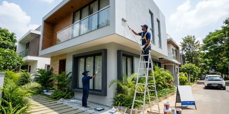 Painters applying exterior paint to a modern two-storey Bengaluru home using a ladder and safety harness