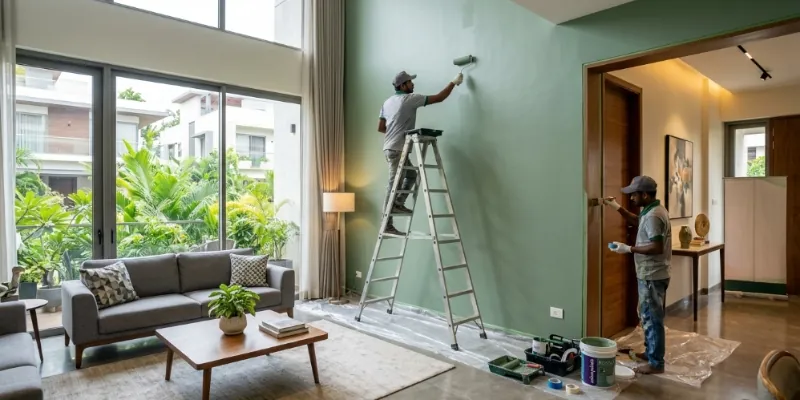 Professional painters applying green paint to a living room wall and door frame in a modern Bengaluru home